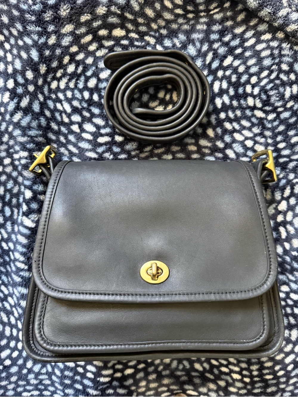 Vintage Coach Rambler Black Leather Crossbody Bag with Gold Turn-Lock